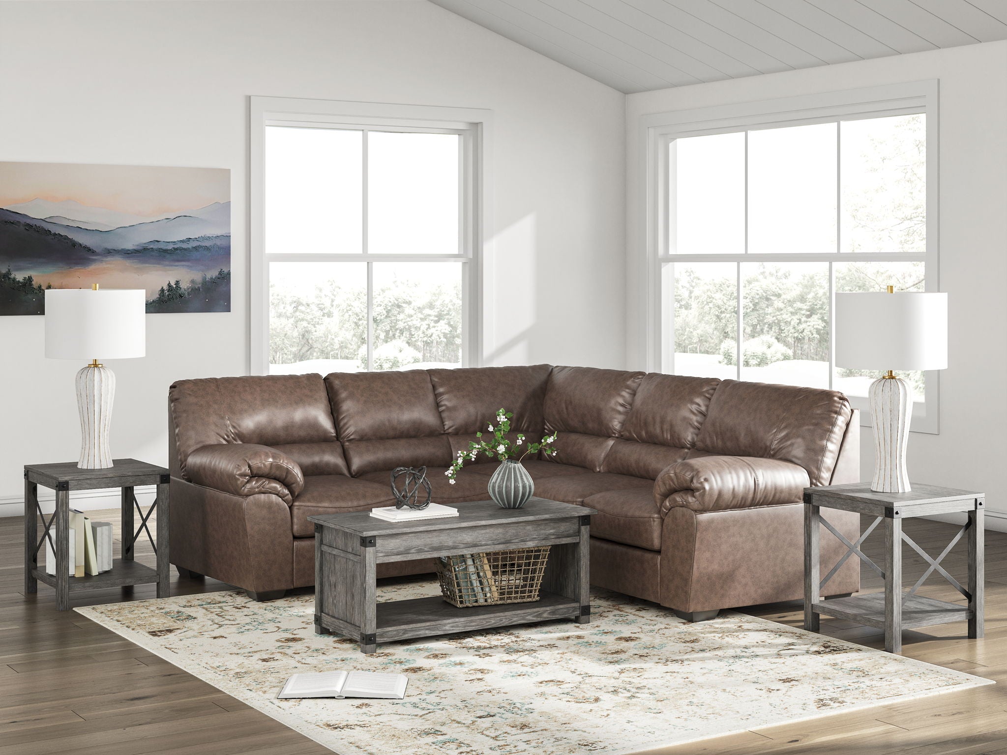 Brown sectional sofa with tufted cushions and rolled armrests