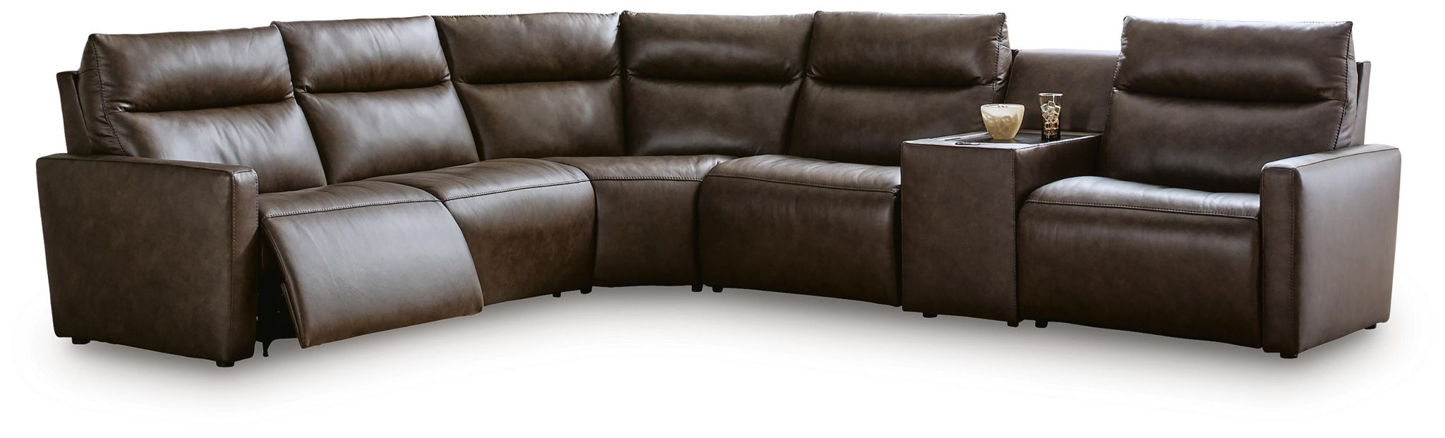 Dark brown power reclining sectional sofa with light gray accent recliner panels