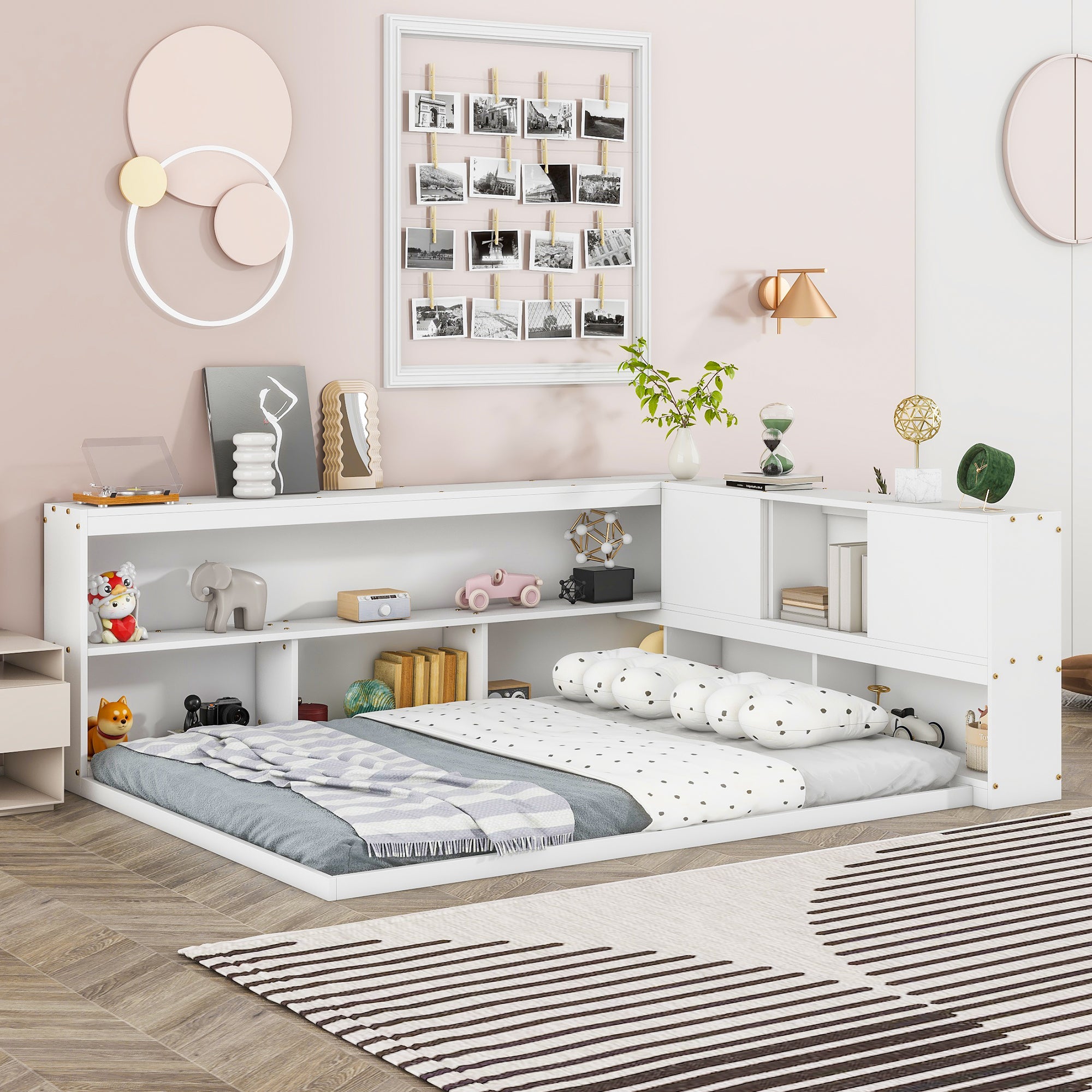 White Full Floor Bed with L-Shaped Bookcases & Sliding Doors
