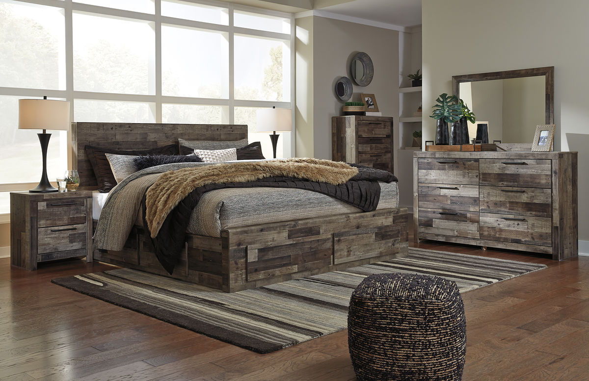 Panel bedroom set with panel bed and matching dresser with mirror in rustic gray wood.