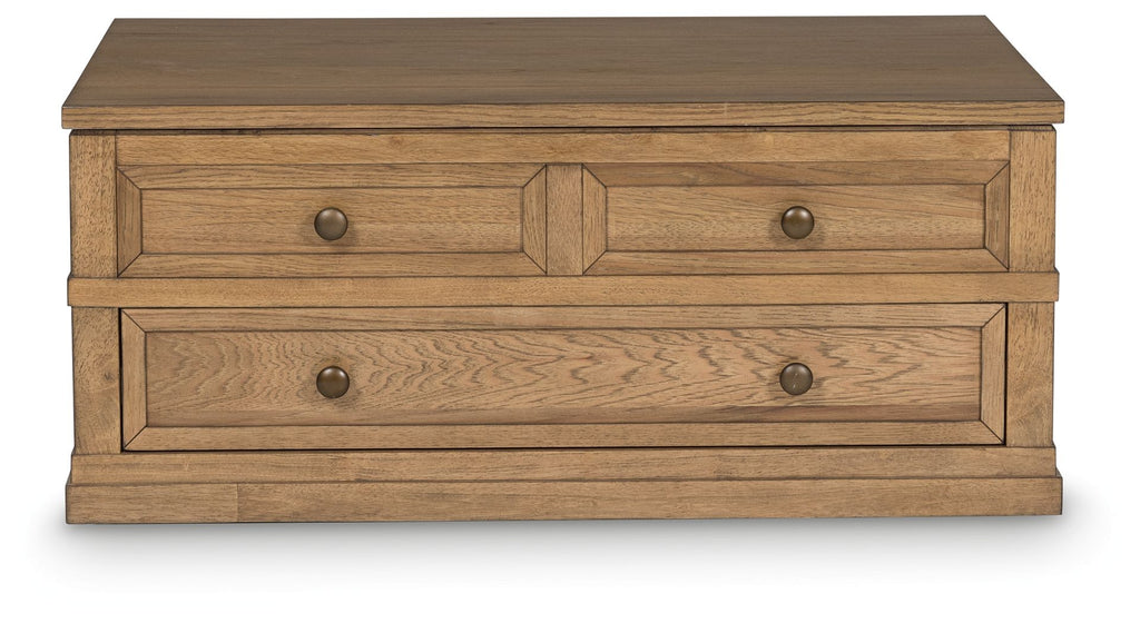 Light brown lift-top cocktail table front view with two drawers and round metal pulls