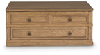 Light brown lift-top cocktail table front view with two drawers and round metal pulls