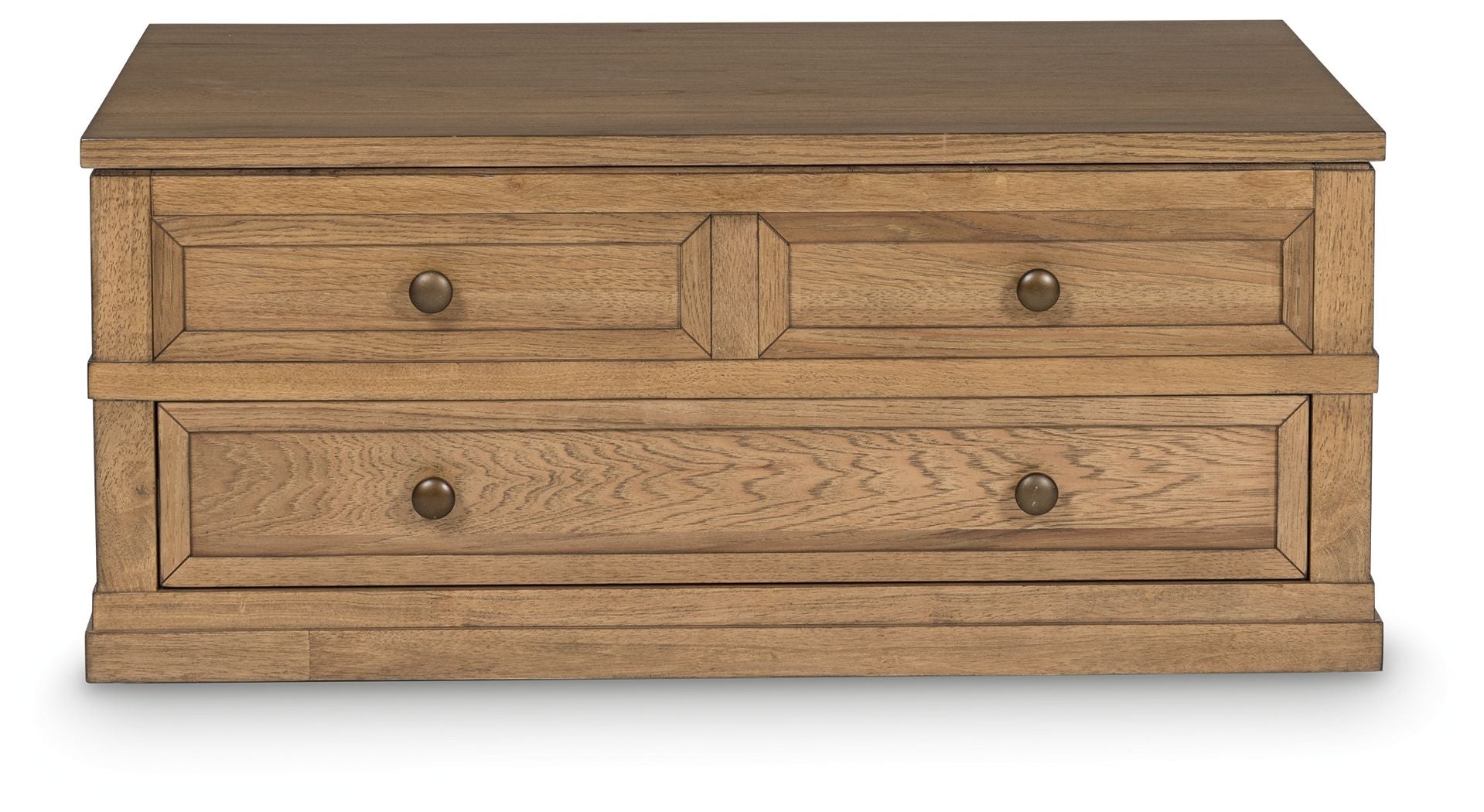 Light brown lift-top cocktail table front view with two drawers and round metal pulls