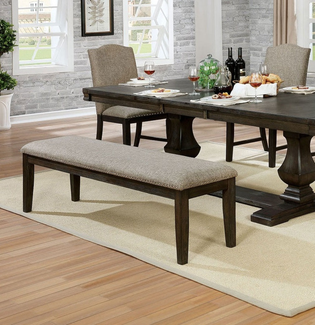 Transitional Modern Espresso Bench Padded Warm Gray Nailhead