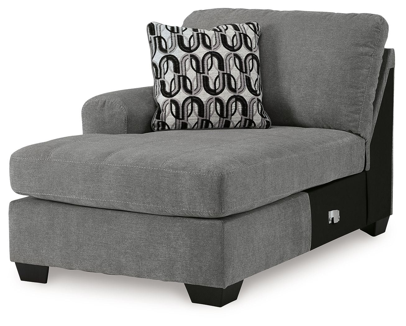 Gray corner chaise lounge with upholstered back, patterned throw pillow, black legs