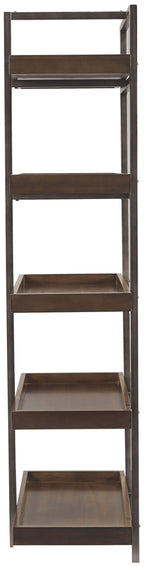 Brown wood narrow shelf pier with gunmetal frame, four open tiers, end view