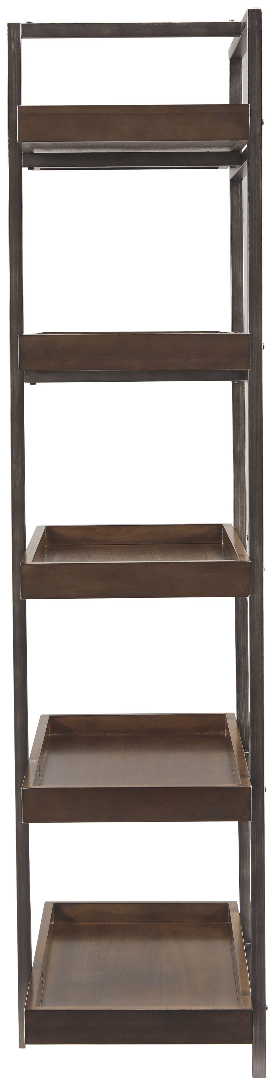 Brown wood narrow shelf pier with gunmetal frame, four open tiers, end view