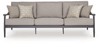 Gray outdoor sofa with three seat cushions and two geometric throw pillows, dark arms