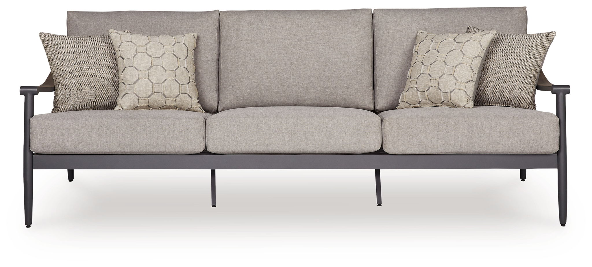 Gray outdoor sofa with three seat cushions and two geometric throw pillows, dark arms