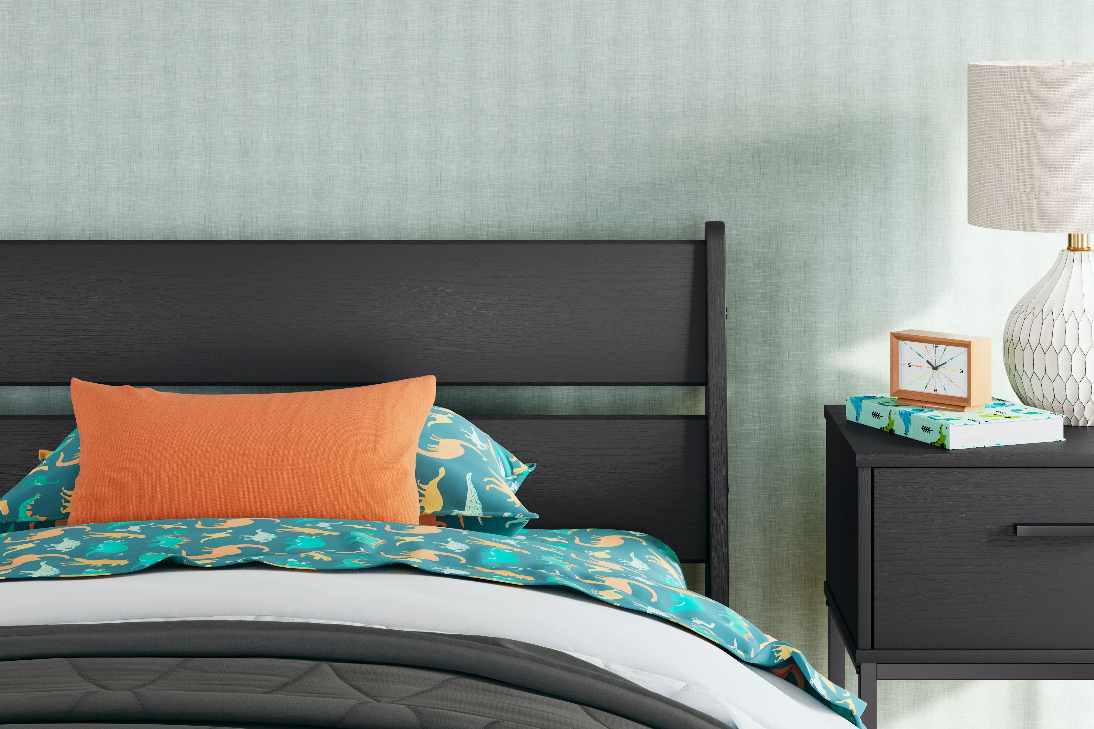 Dark charcoal panel headboard with three horizontal slats and straight top rail