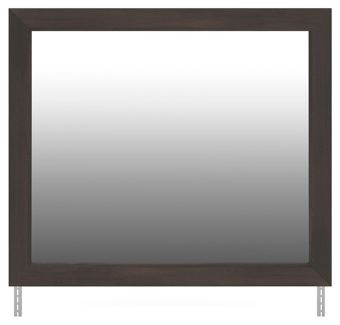Dark brown framed bedroom mirror with square inner glass and base support brackets