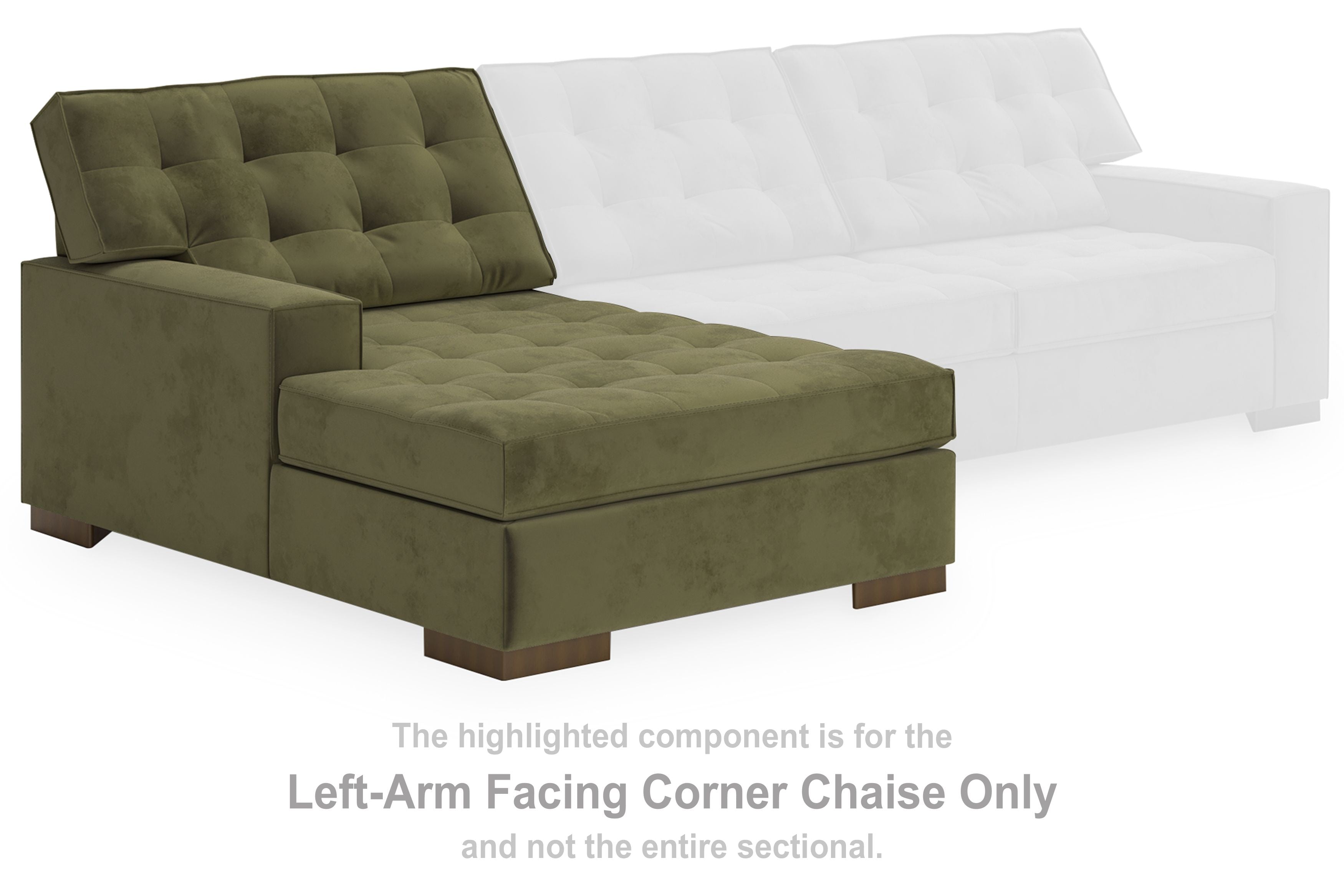 Olive green corner chaise component with button-tufted backrest and padded seat arm