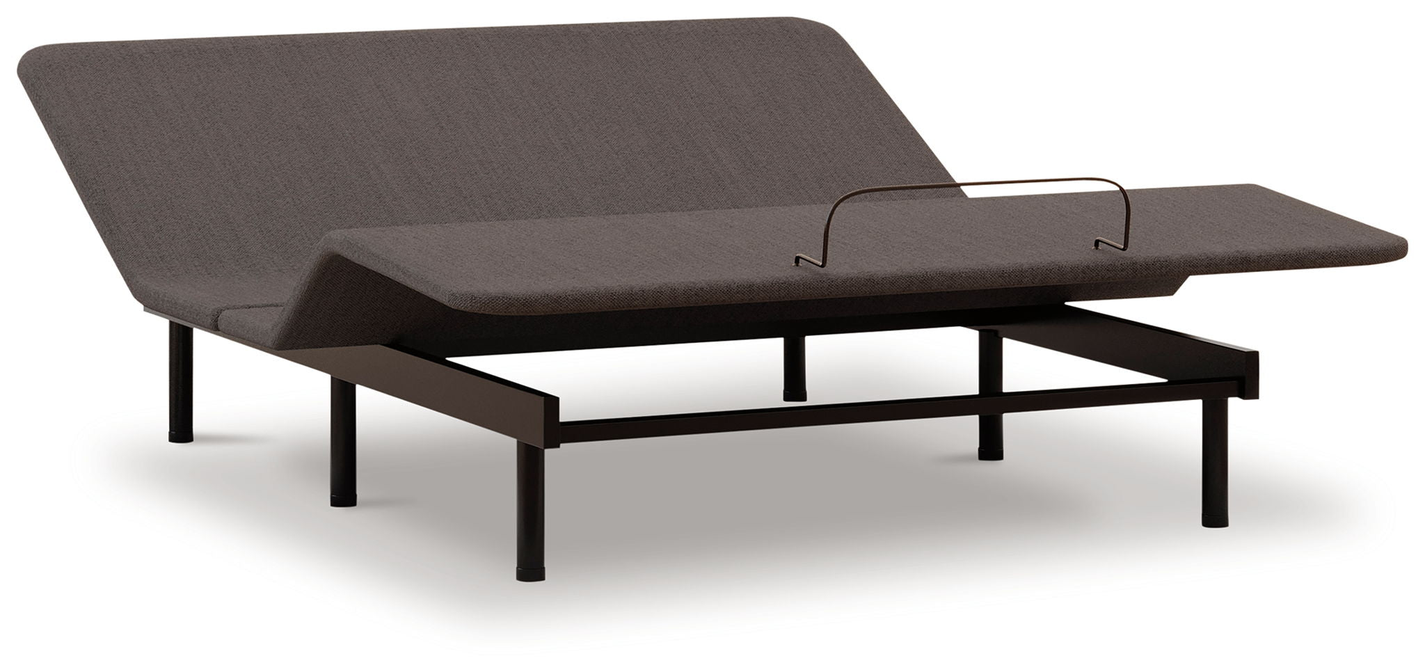 Adjustable bed base with dark fabric cover and black legs, side view