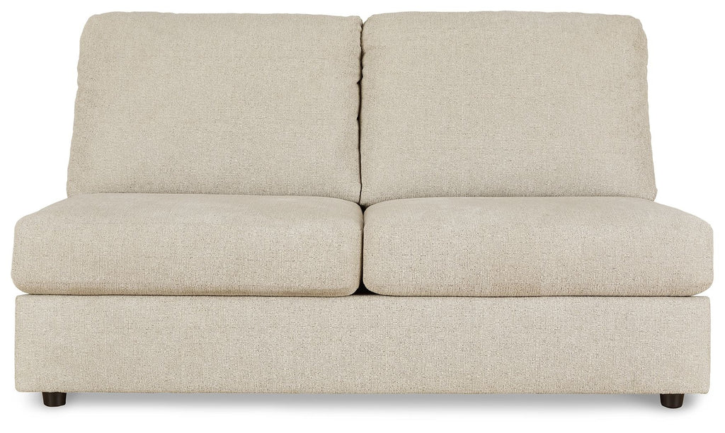 Pearl silver armless loveseat with two back cushions and boxy seat, square arms