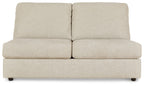 Pearl silver armless loveseat with two back cushions and boxy seat, square arms