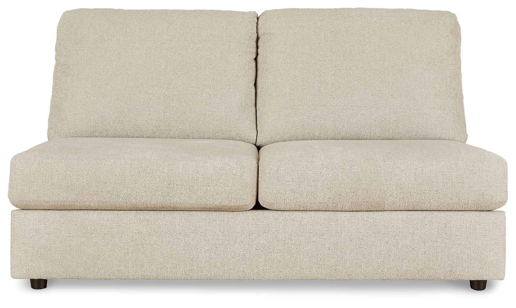 Pearl silver armless loveseat with two back cushions and boxy seat, square arms