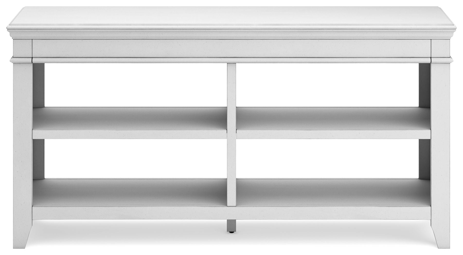 Whitewash credenza with long top, central divider, and two rows of open shelves