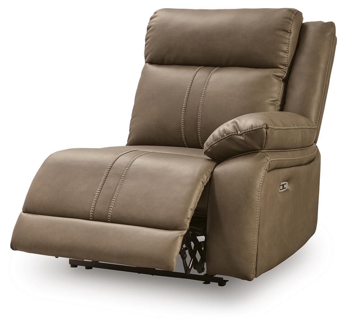 Biscotti brown power wall recliner angled view with padded headrest and side control panel