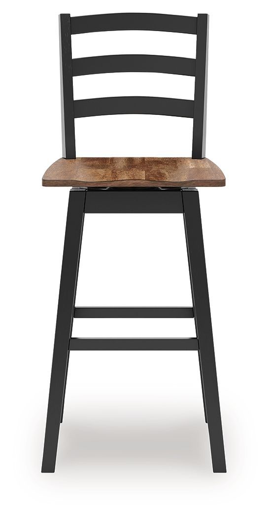 Black swivel stool with slatted back and rectangular wood seat top