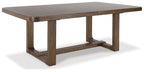 Light brown dining table with trestle-style base underside view