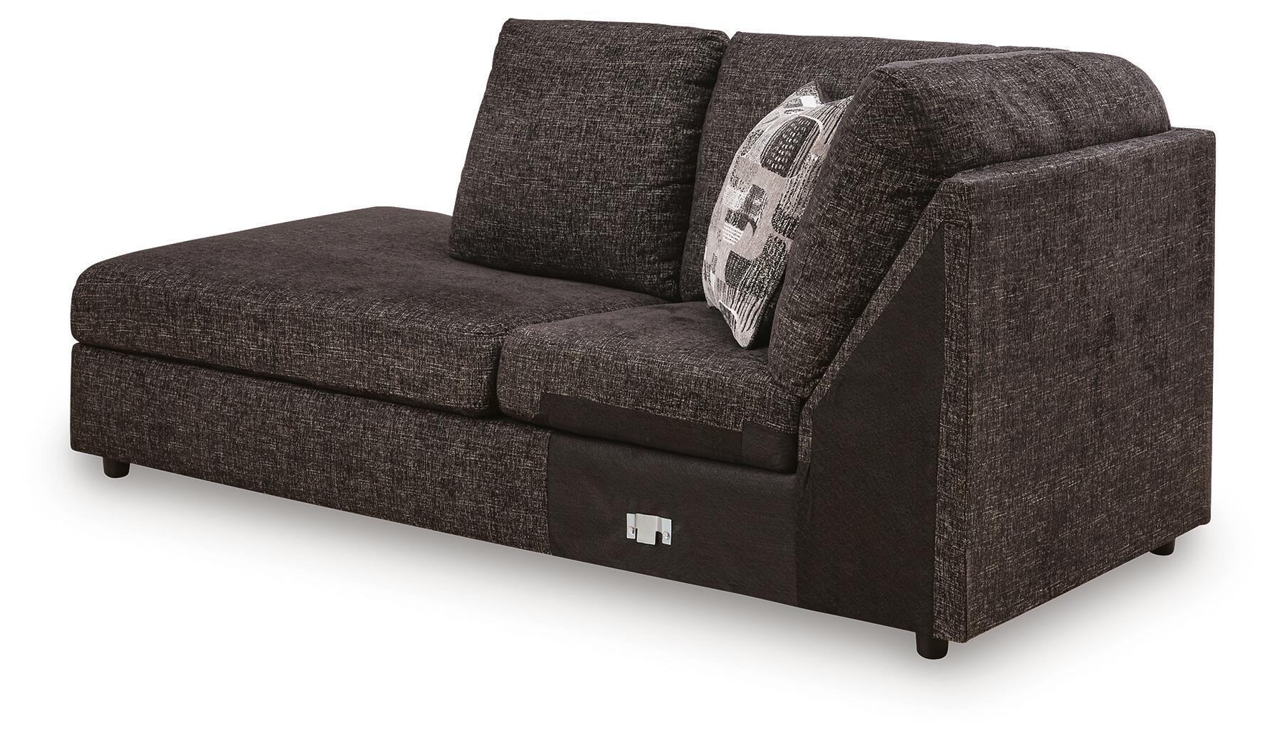 Dark charcoal corner chaise sofa with curved side arm and two seat cushions