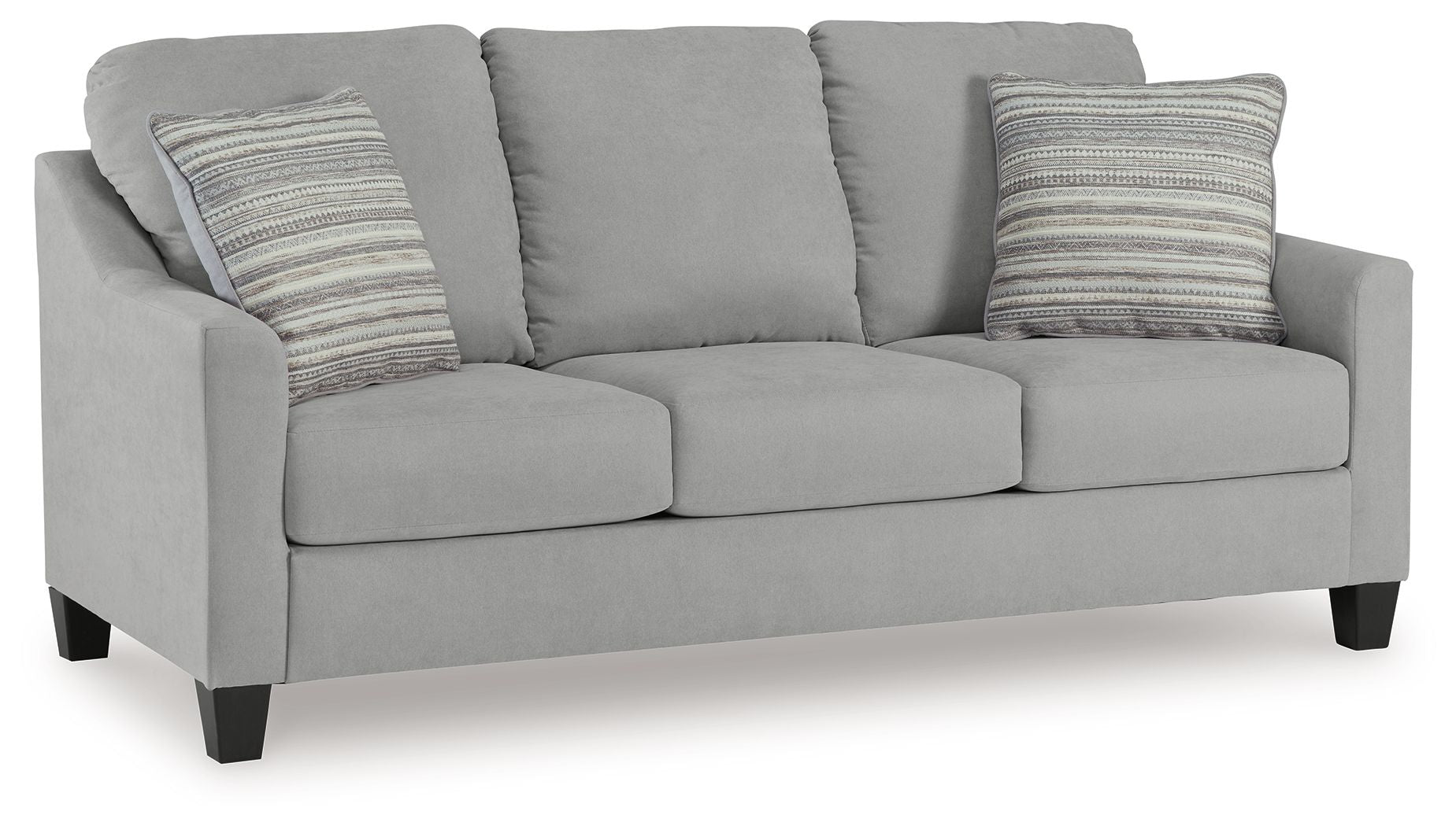 Light gray queen sofa sleeper with rounded arms and two striped throw pillows