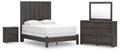 Dark gray panel bed with white mattress, nightstand, and dresser with square mirror