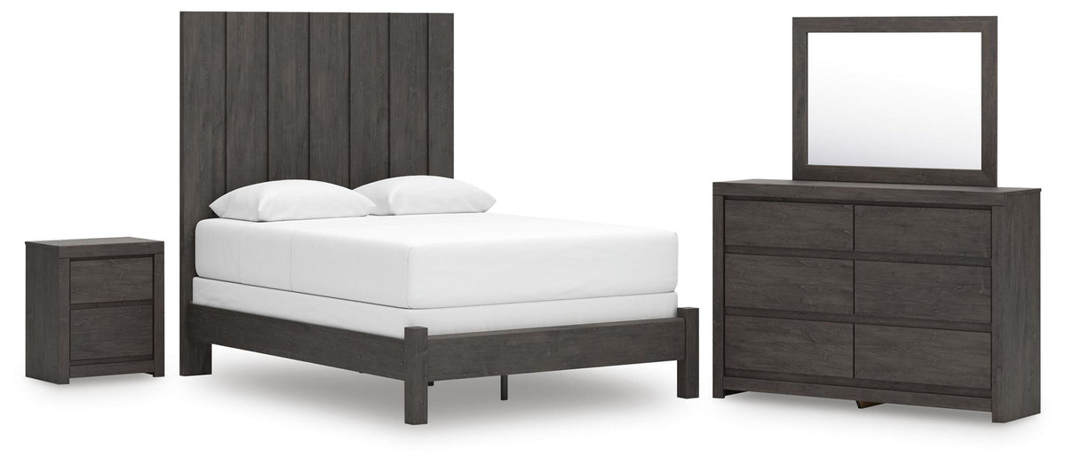 Dark gray panel bed with white mattress, nightstand, and dresser with square mirror