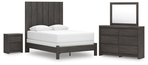 Dark gray panel bed with white mattress, nightstand, and dresser with square mirror