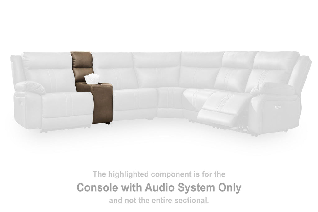 Taupe console chair with audio system component set into a white sectional sofa