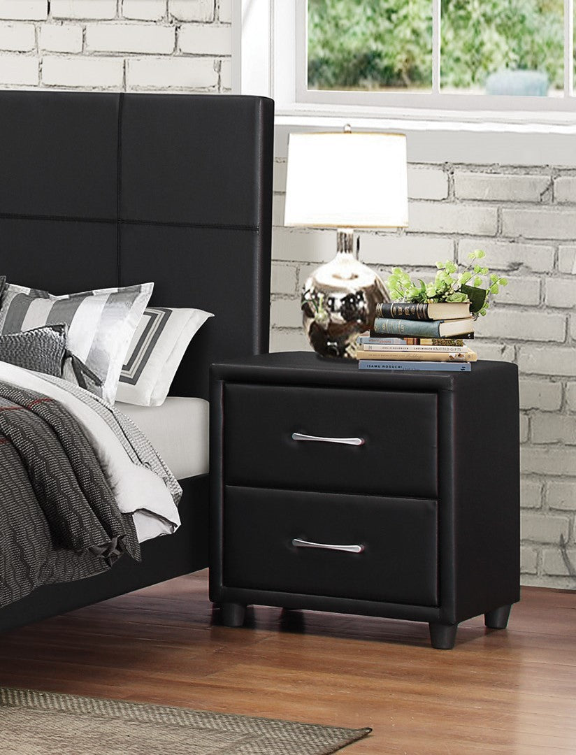 Contemporary Black Faux Leather Nightstand with Silver Pulls