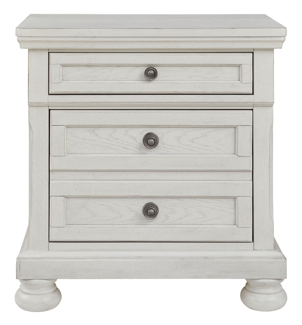 Antique white nightstand front with two drawers and round metal pulls