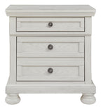 Antique white nightstand front with two drawers and round metal pulls