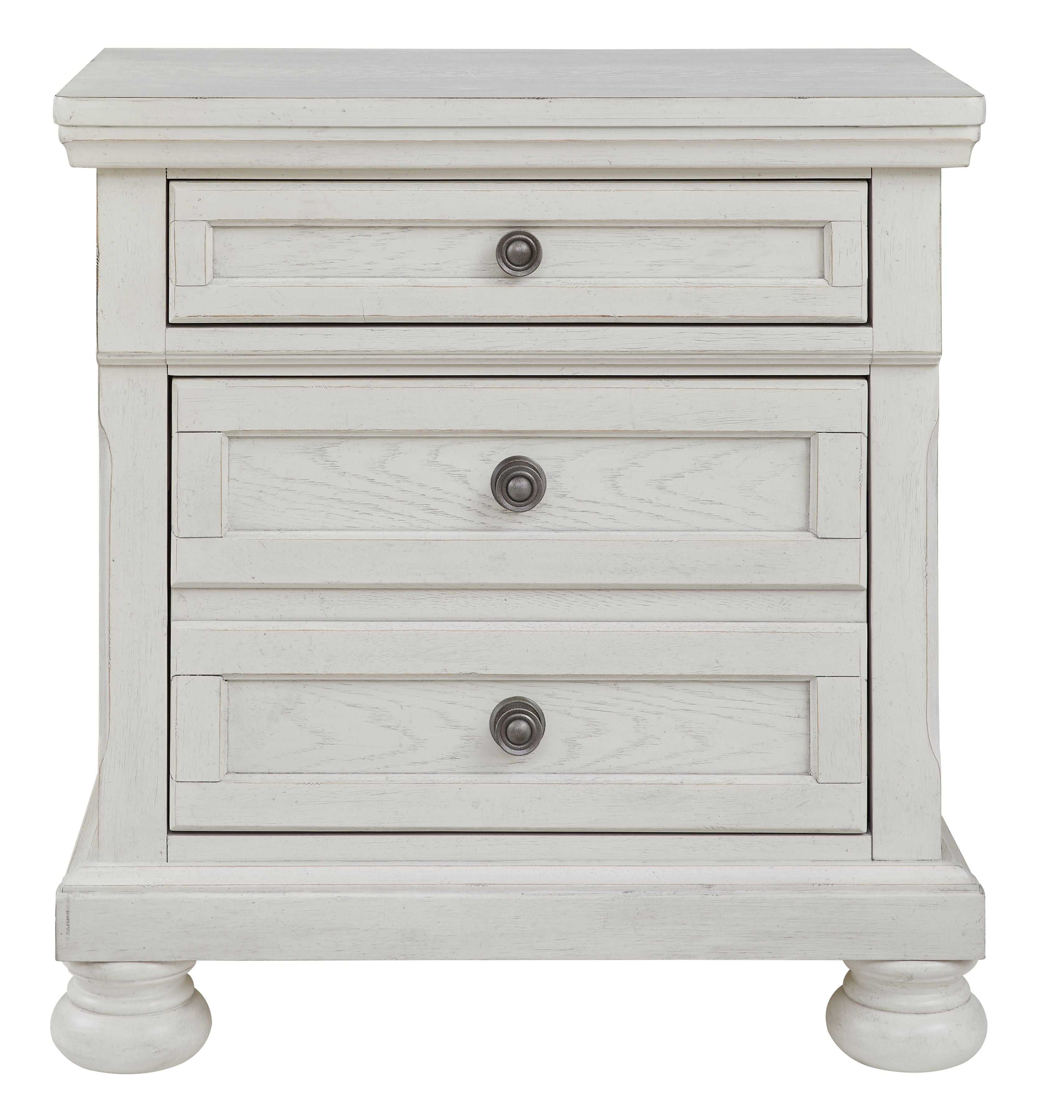 Antique white nightstand front with two drawers and round metal pulls