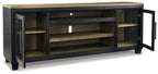 Black TV stand with one cabinet door open, revealing shelves and central open storage
