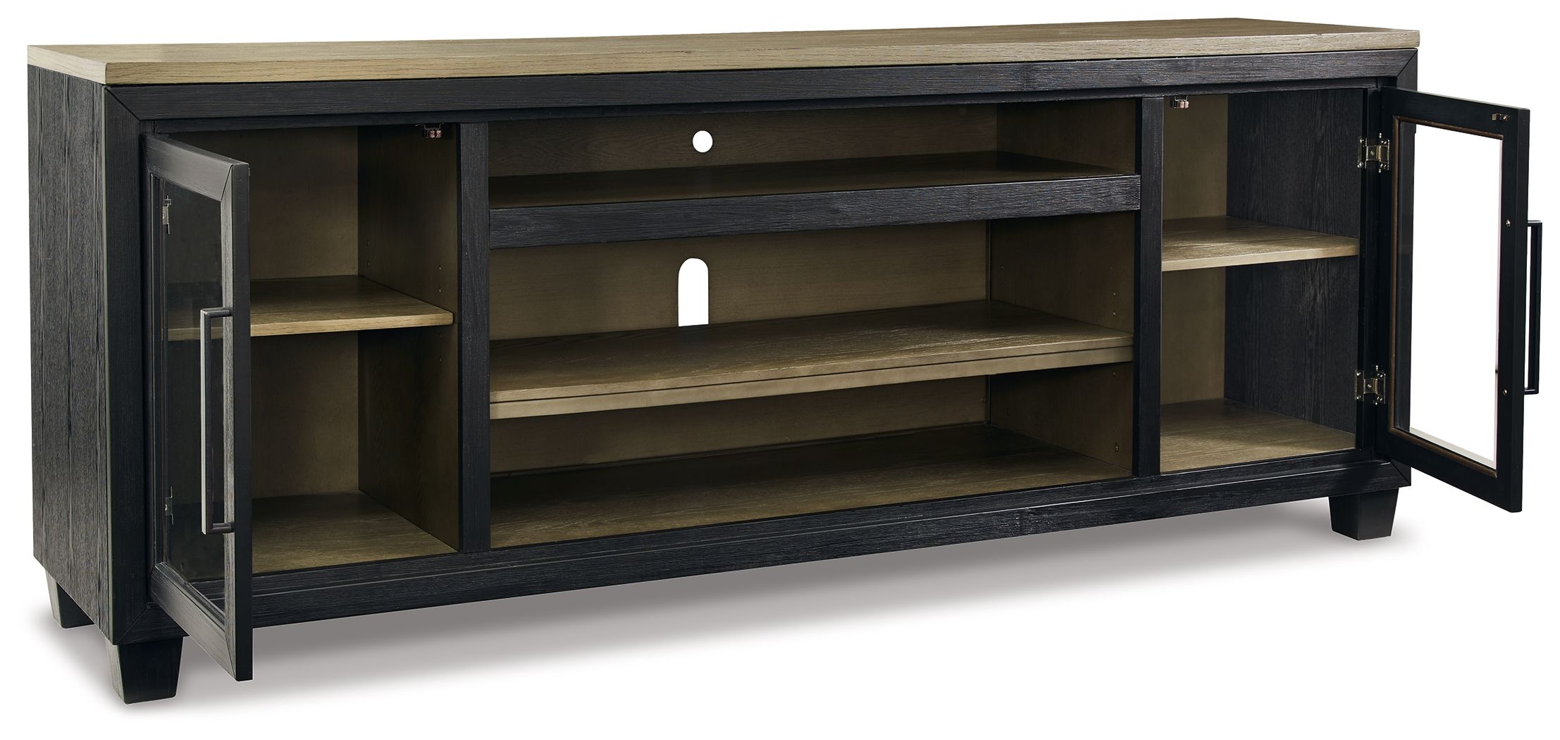 Black TV stand with one cabinet door open, revealing shelves and central open storage