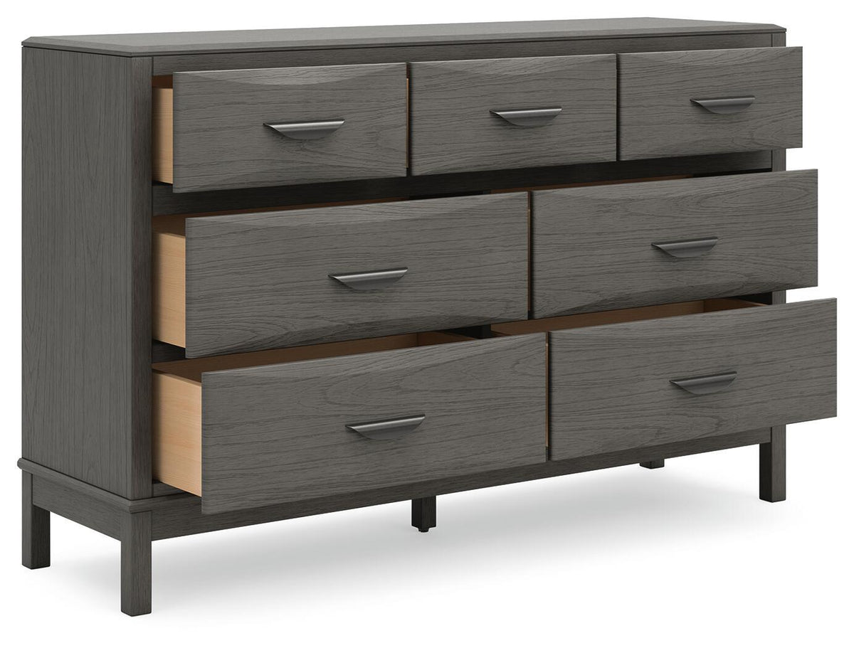 Gray wooden dresser with six drawers, silver bar pulls, partly open drawer fronts