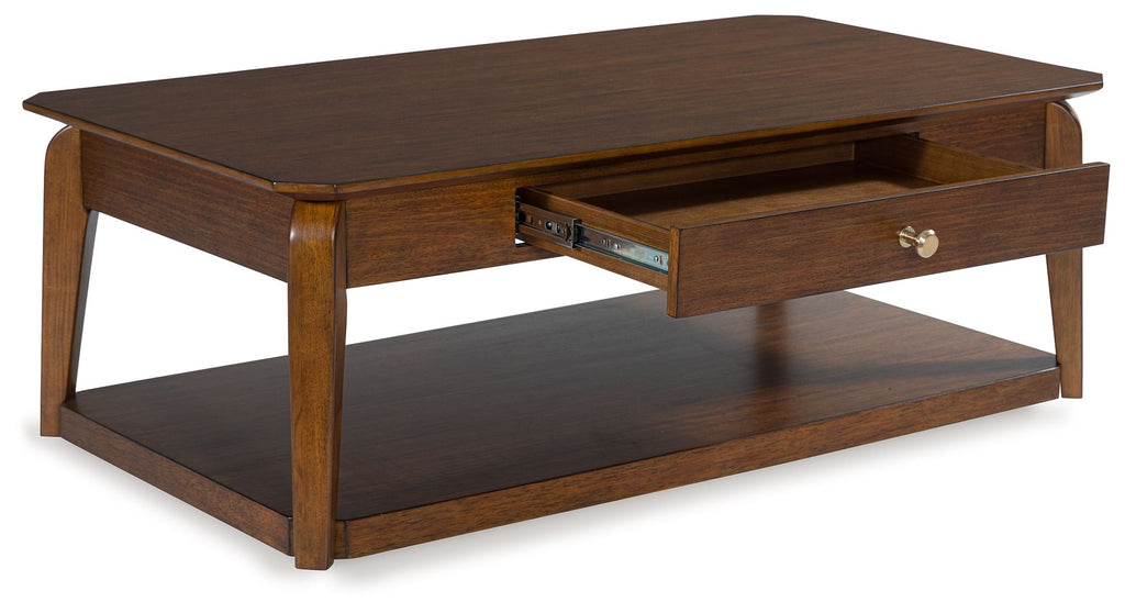 Rectangular cocktail table with open drawer, lower shelf, and medium brown wood frame
