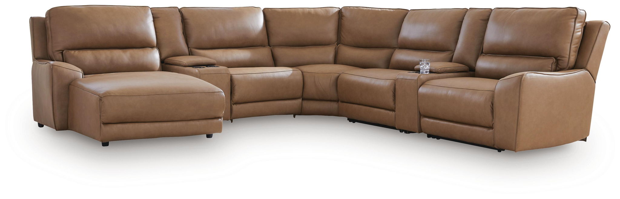 Brown power reclining sectional with chaise ottoman and tufted back cushions