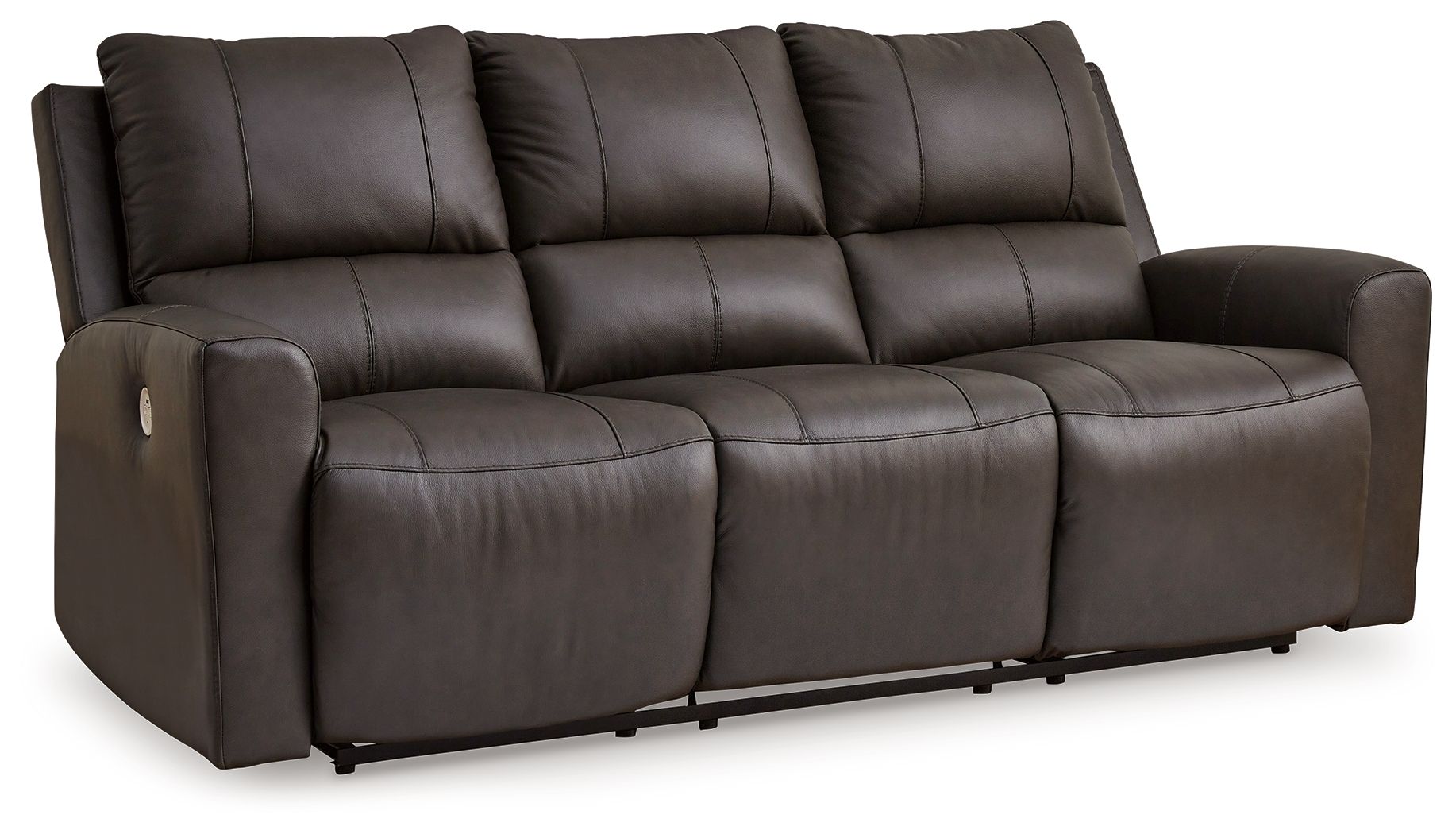 Boxmere dark brown power reclining sofa with padded arms and three seat cushions