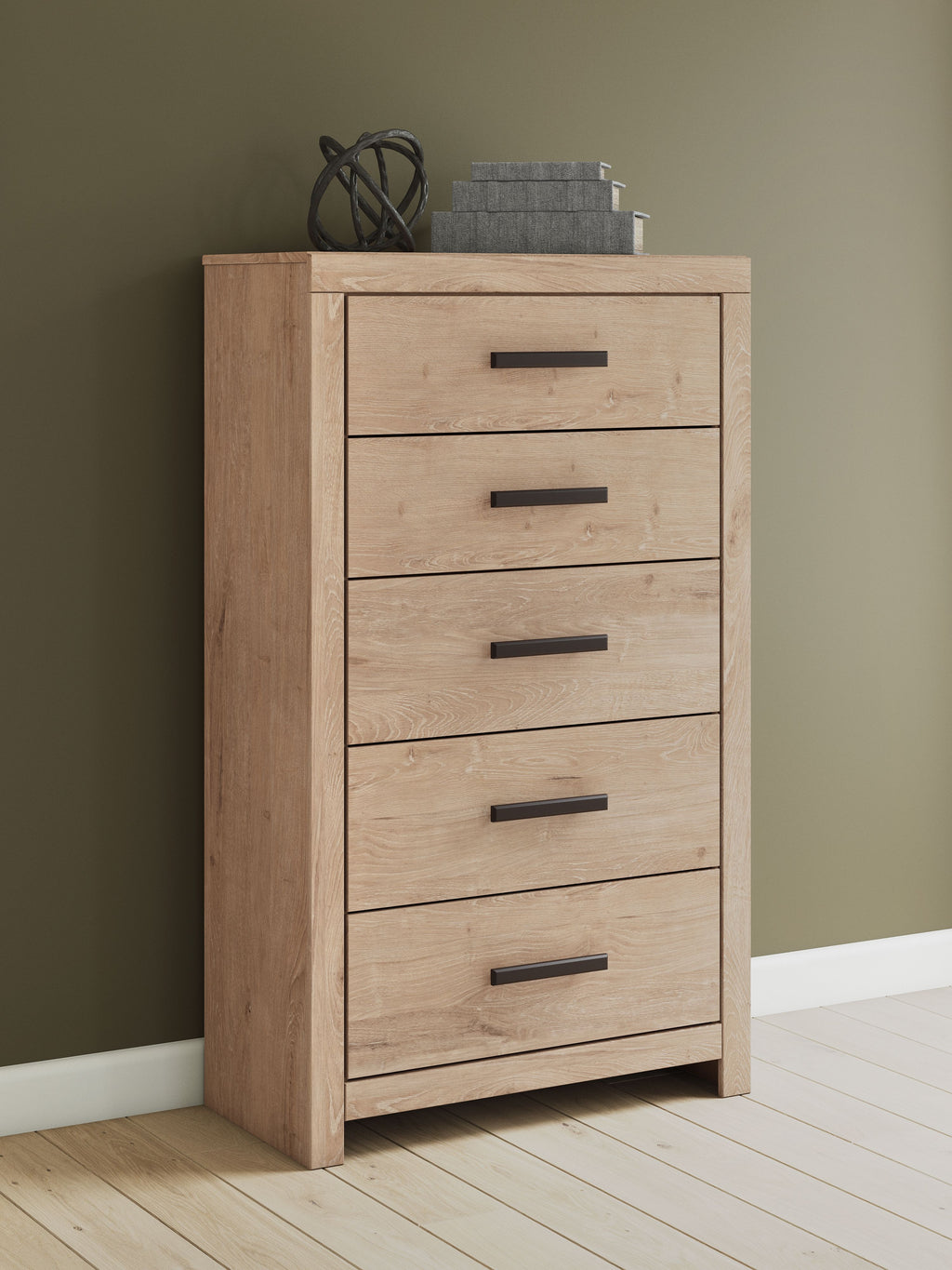 Five-drawer chest, light tan wood, five black bar pulls