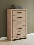 Five-drawer chest, light tan wood, five black bar pulls
