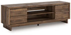 Dark brown wood TV stand with open shelves and two drawer fronts