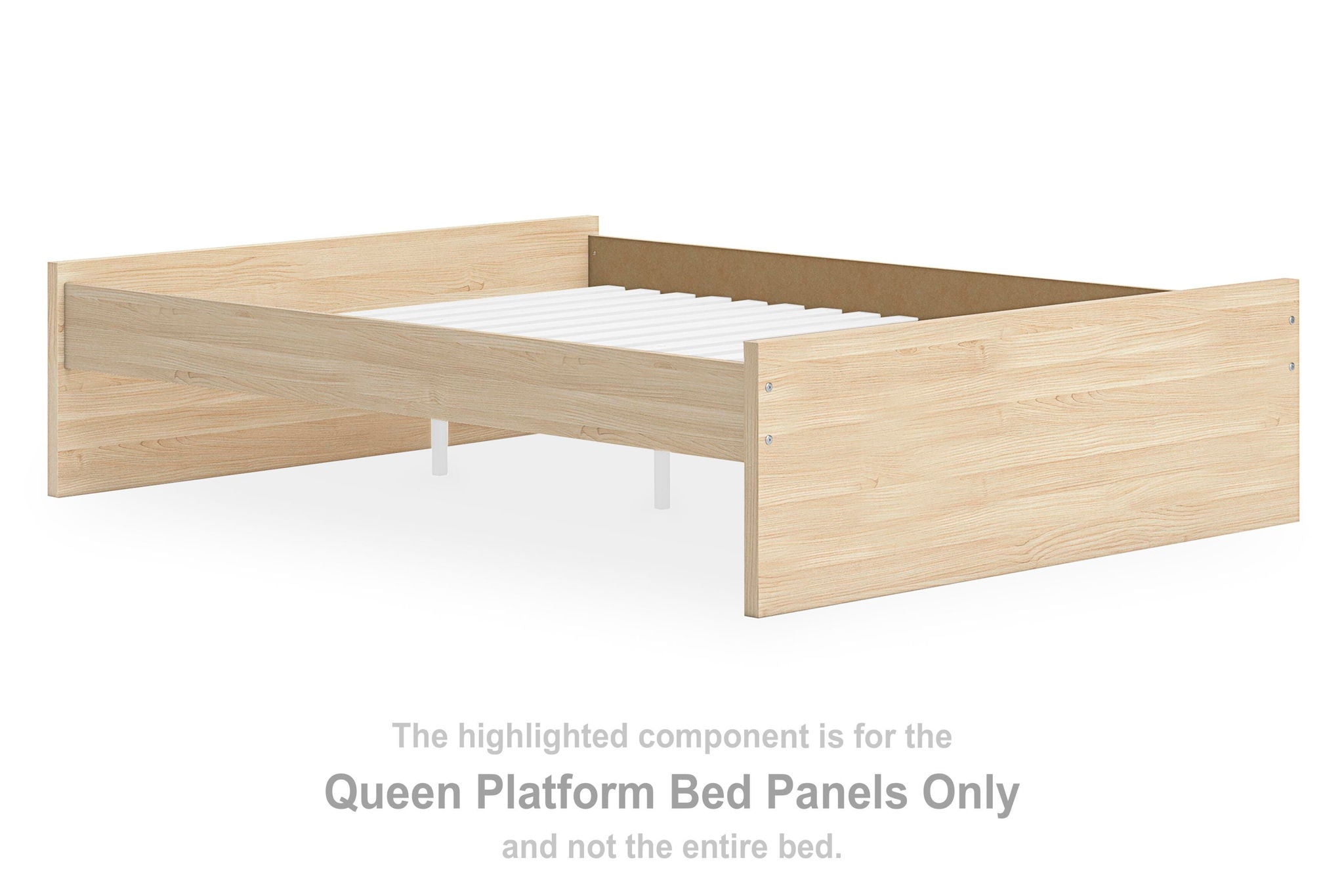 Natural wood queen platform bed panels with slatted center support