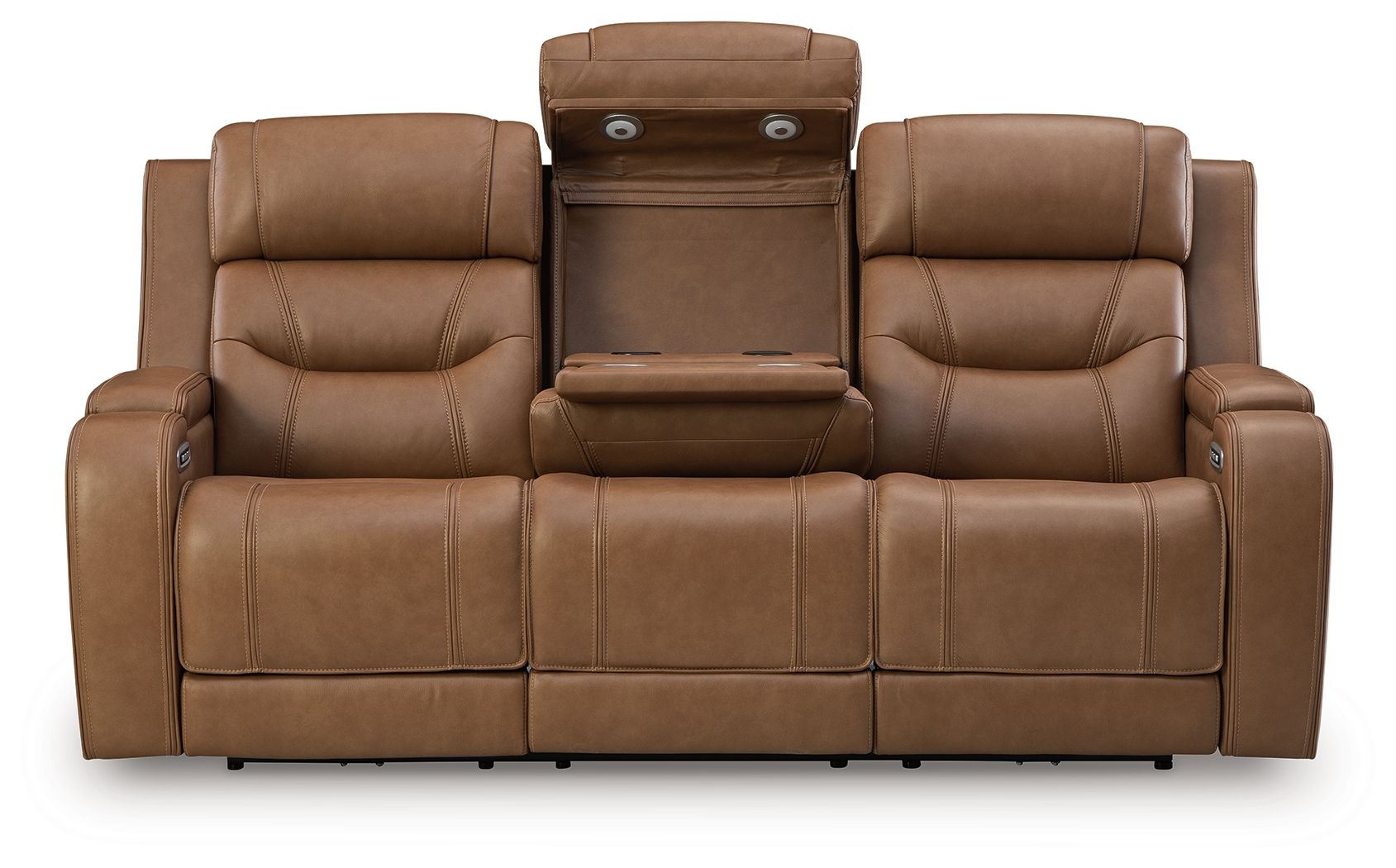 Light brown power reclining sofa with padded armrests and center console