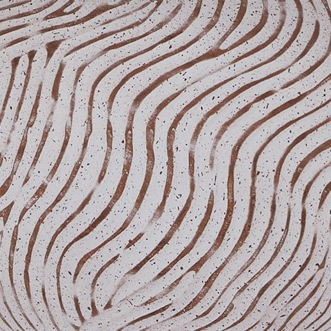 Table lamp base close-up with distressed white texture and terracotta wavy lines