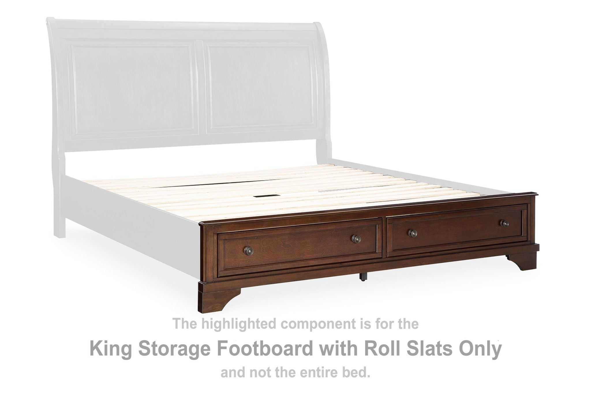 King storage footboard with roll slats, brown wood drawers and panel