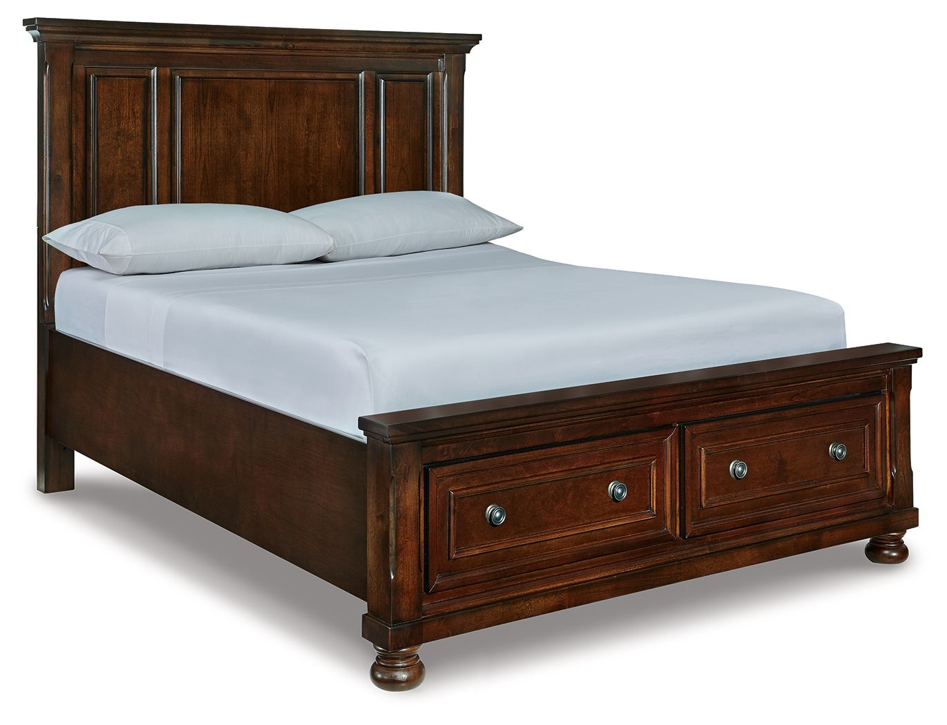 Dark brown wood panel storage bed with two drawer fronts and metal knobs
