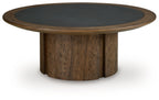 Dontayne round table with dark top, rounded apron, and dark brown wood legs.