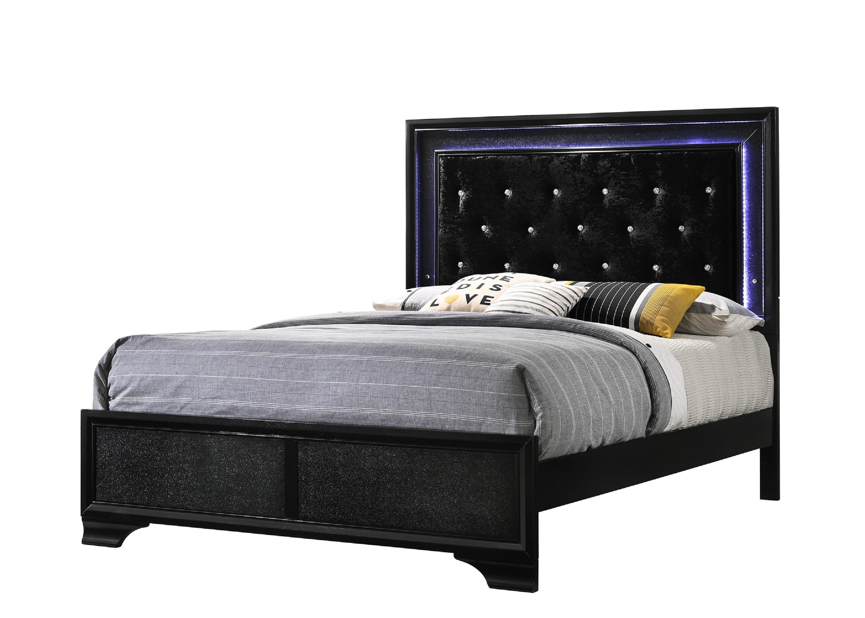 Modern Black Upholstered Full Size LED Panel Bed Faux Diamond Tufted